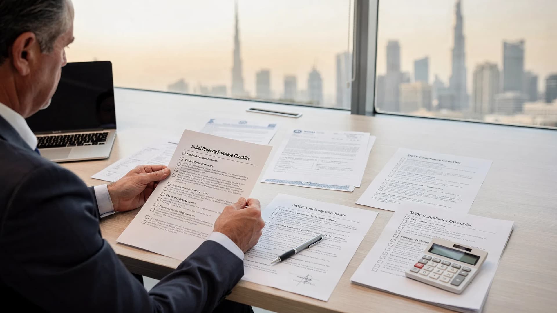 An Australian SMSF trustee reviewing a Dubai property purchase checklist with key documents shown, including a contract, title deed or Oqood reference, FX transfer notes, and a compliance checklist, set on a desk with a Dubai skyline silhouette in the background.