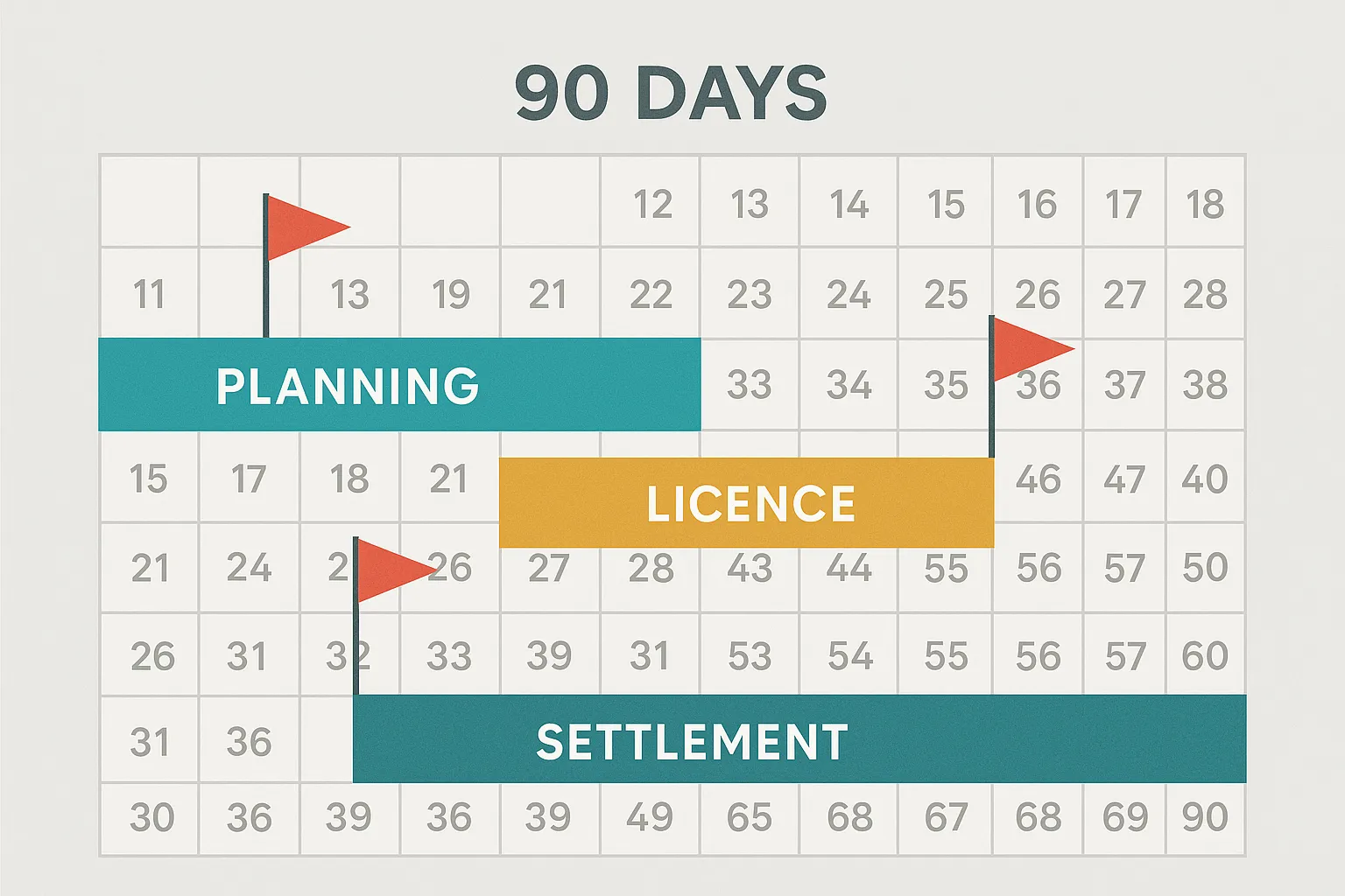 Illustrated timeline showing three coloured bands (Planning, Licence, Settlement) across a 90-day calendar with key milestones flagged.