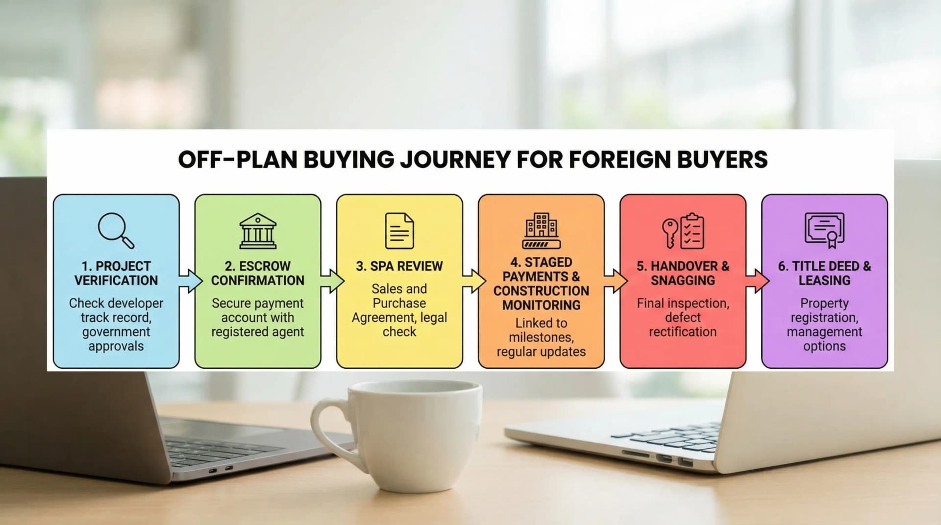 A simple infographic showing the off-plan buying journey for a foreign buyer: project verification, escrow confirmation, SPA review, staged payments, construction monitoring, handover and snagging, title deed and leasing.