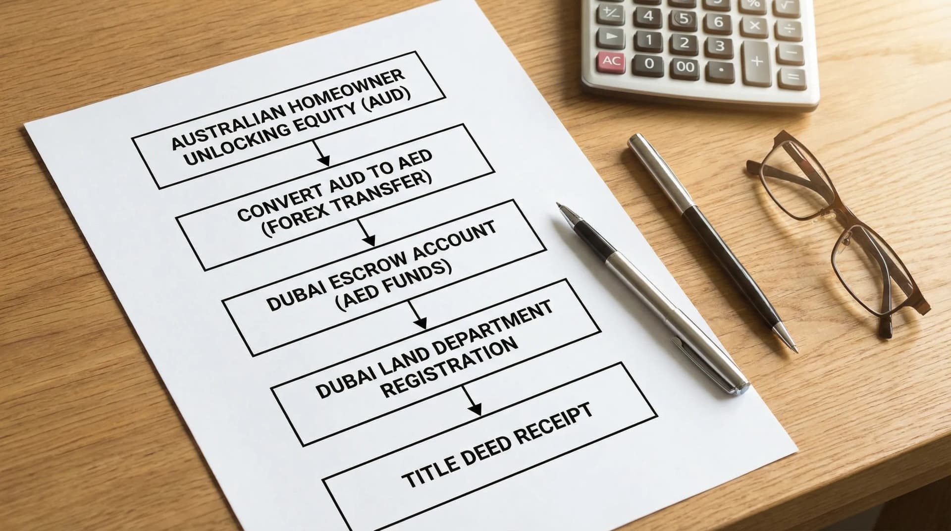 A simple flowchart showing an Australian homeowner unlocking equity, converting AUD to AED, transferring funds to a Dubai escrow account, then completing Dubai Land Department registration and receiving a title deed.