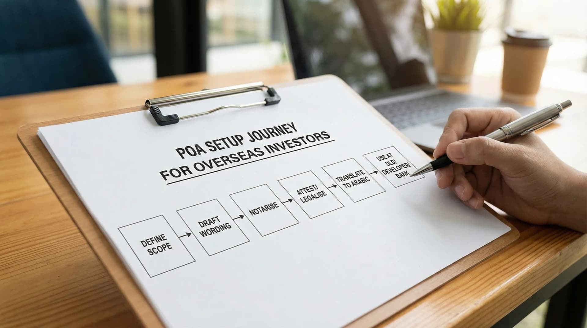 A simple flow diagram showing the POA setup journey for an overseas investor: define scope, draft wording, notarise, attest/legalise, translate to Arabic, then use at DLD/developer/bank.