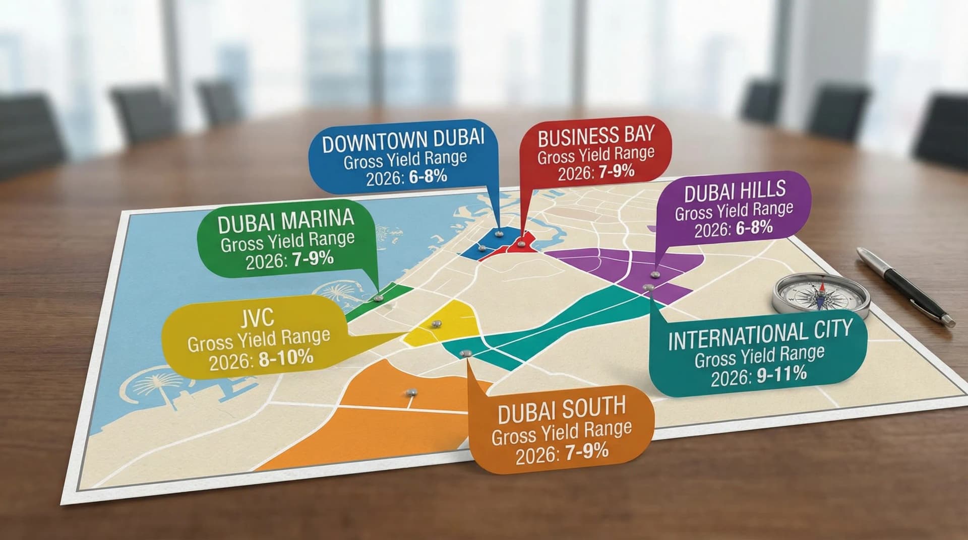 A simplified map-style graphic of Dubai highlighting several key investor districts (Dubai Marina, Downtown, Business Bay, JVC, Dubai Hills, Dubai South, International City) with labelled indicative gross yield ranges for 2026.