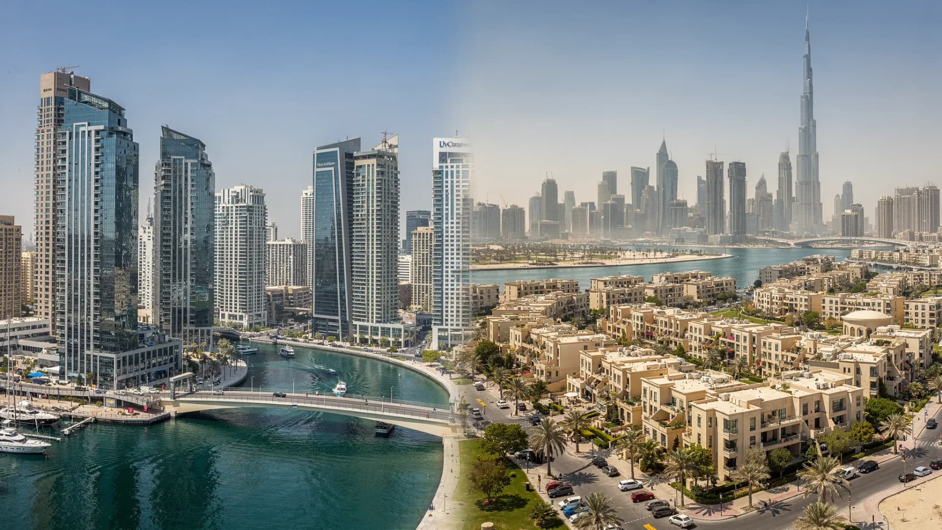 A modern Dubai skyline collage highlighting Dubai Marina towers, Business Bay high-rises along the canal, JVC mid-rise residential buildings, and Downtown Dubai with the Burj Khalifa in the distance.