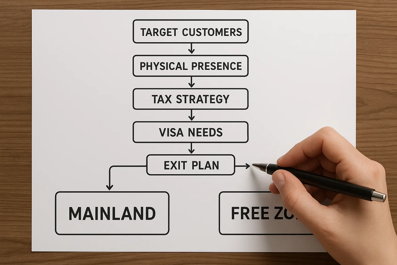 Flowchart showing decision points: target customers, physical presence, tax strategy, visa needs, and exit plan to decide between mainland and free zone.