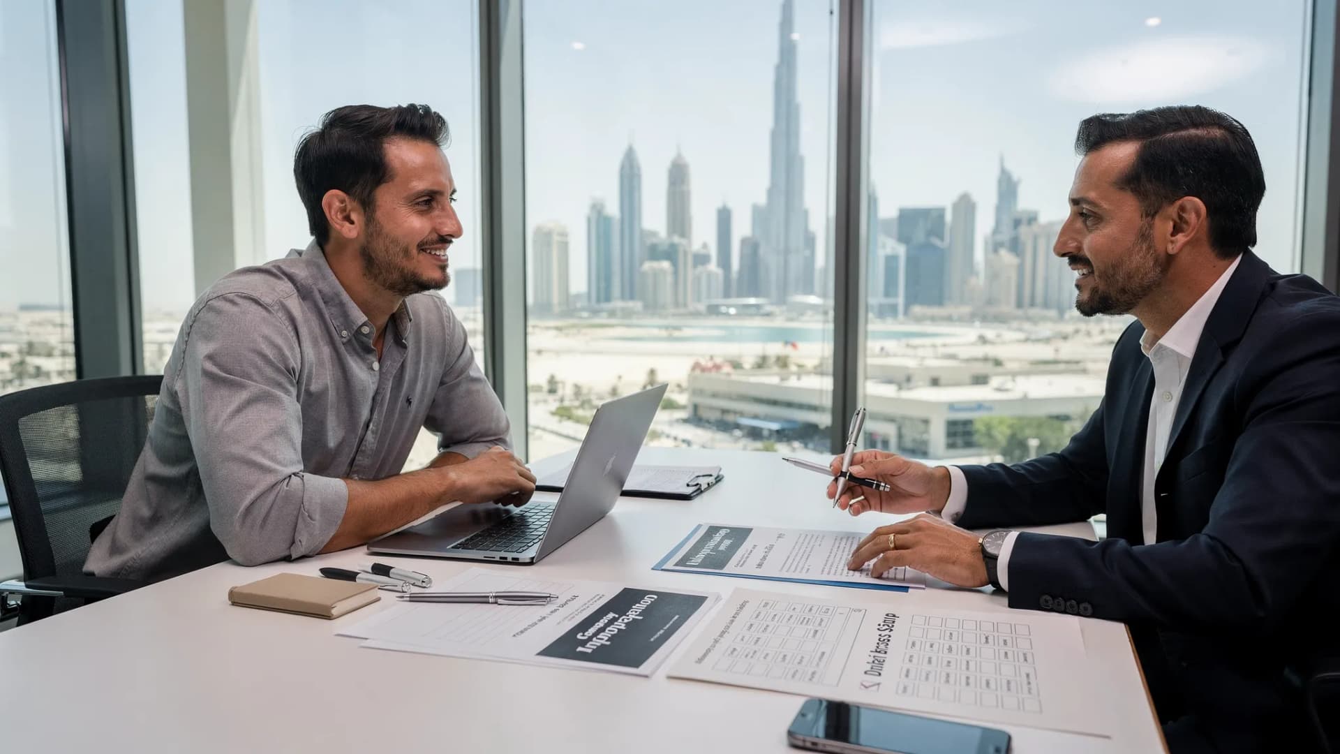 An Australian tech founder meeting with a Dubai business setup consultant at a conference table, with printed incorporation documents, a checklist, and Dubai skyline visible through the office window.