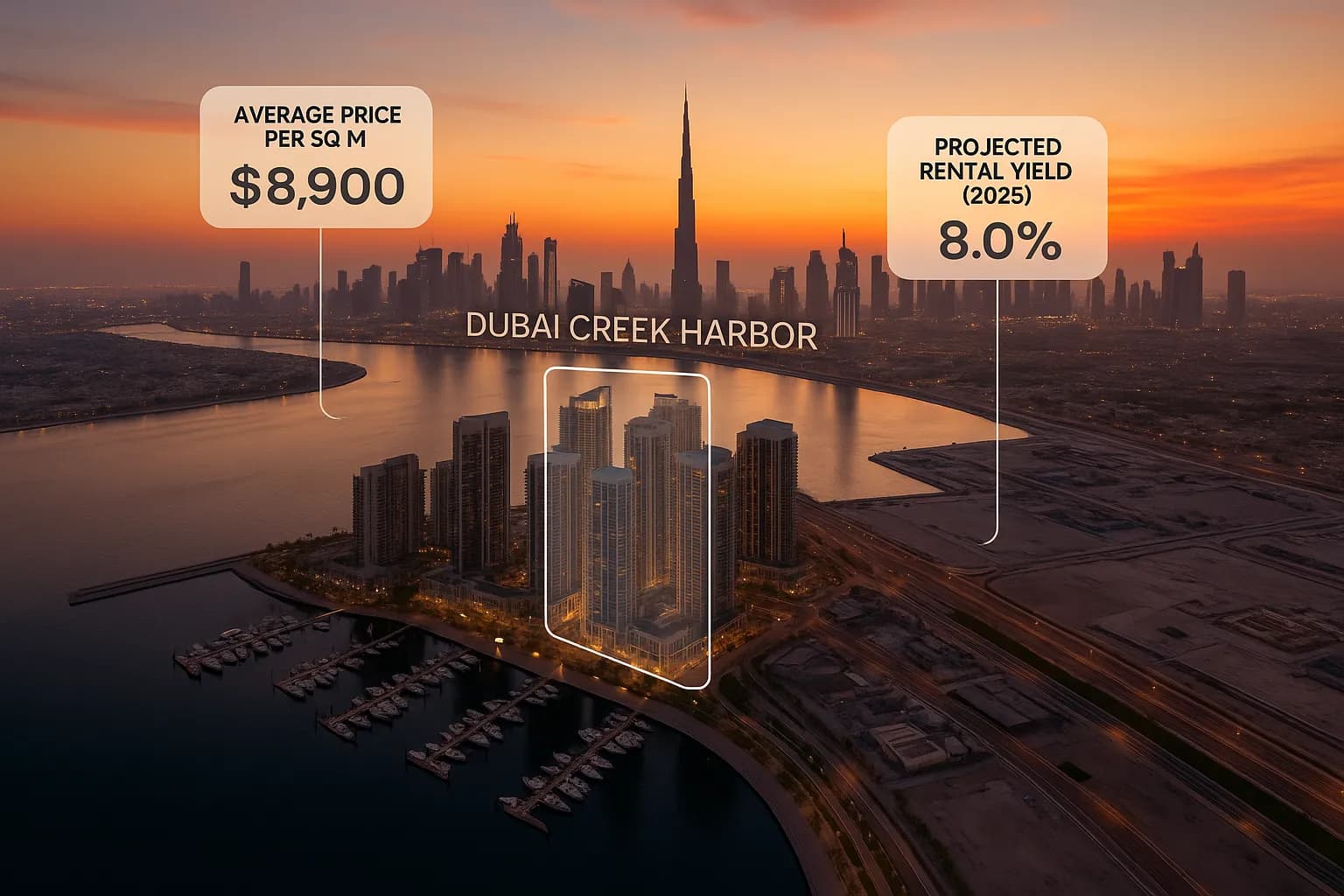 An aerial shot of Dubai Creek Harbour at sunset with highlighted off-plan towers, accompanied by infographic call-outs showing average price per square metre and projected rental yields for 2025.