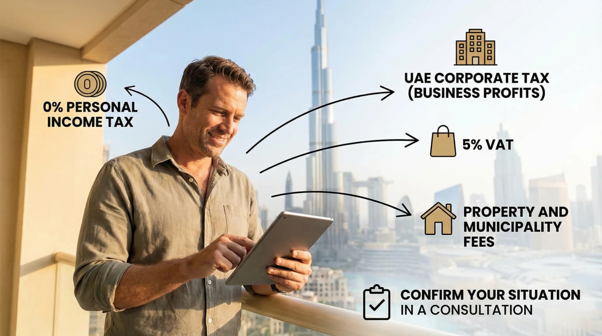 A simple visual summary showing an Australian individual in Dubai with arrows to “0% personal income tax”, “UAE corporate tax (business profits)”, “5% VAT”, and “property and municipality fees”, with Dubai skyline icons and a small checklist suggesting “confirm your situation in a consultation”.