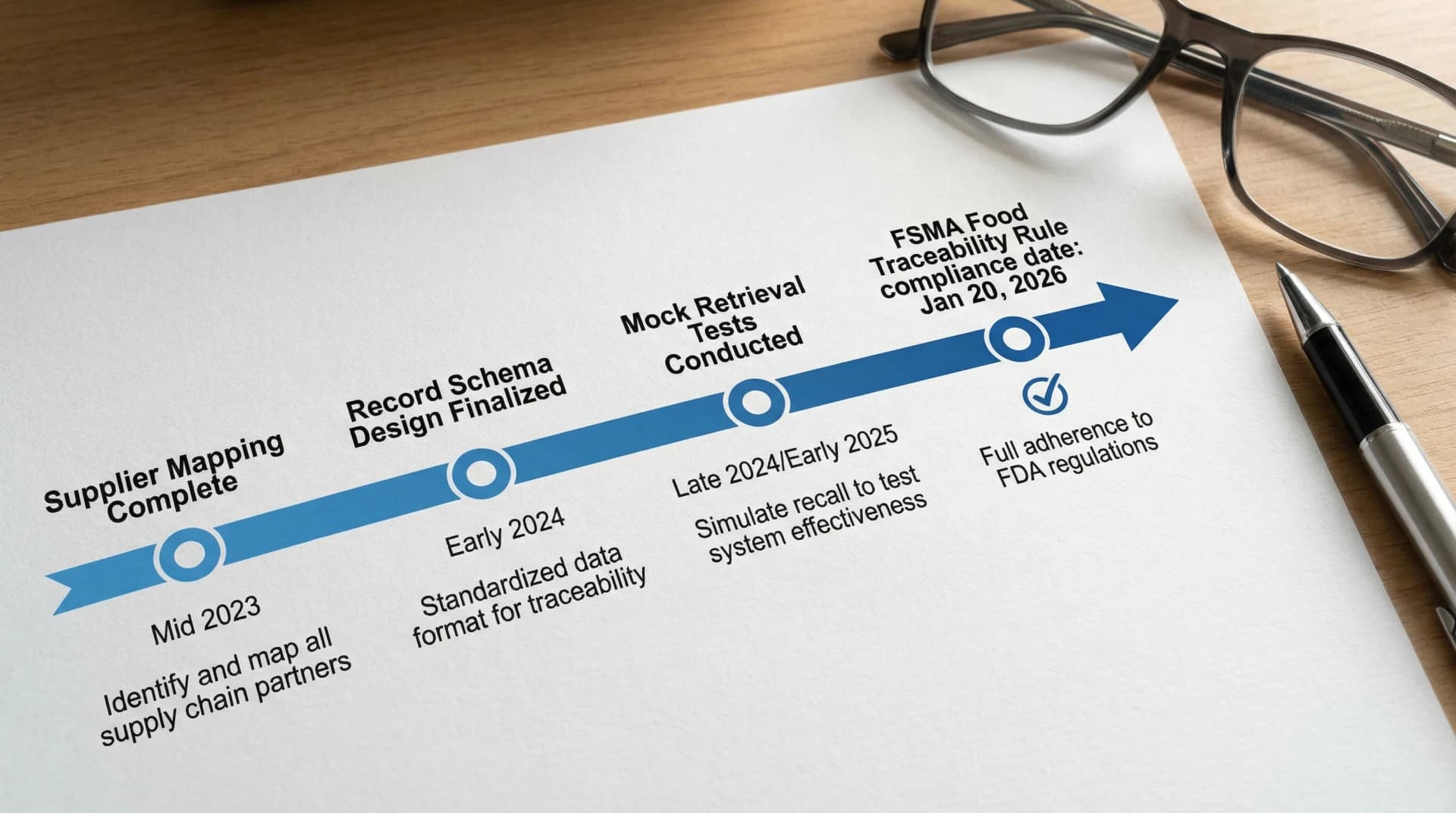 A simple timeline showing major compliance milestones for a regulated food company, ending with “FSMA Food Traceability Rule compliance date: Jan 20, 2026,” plus earlier milestones like supplier mapping, record schema design, and mock retrieval tests.