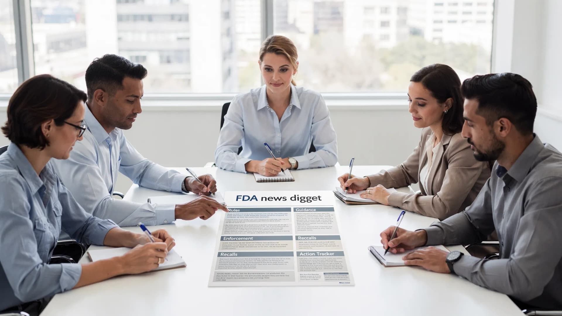 A compliance team meeting around a table reviewing a printed “FDA news digest,” with labeled sections: Rules, Guidance, Enforcement, Recalls, and an action tracker. No screens are visible.