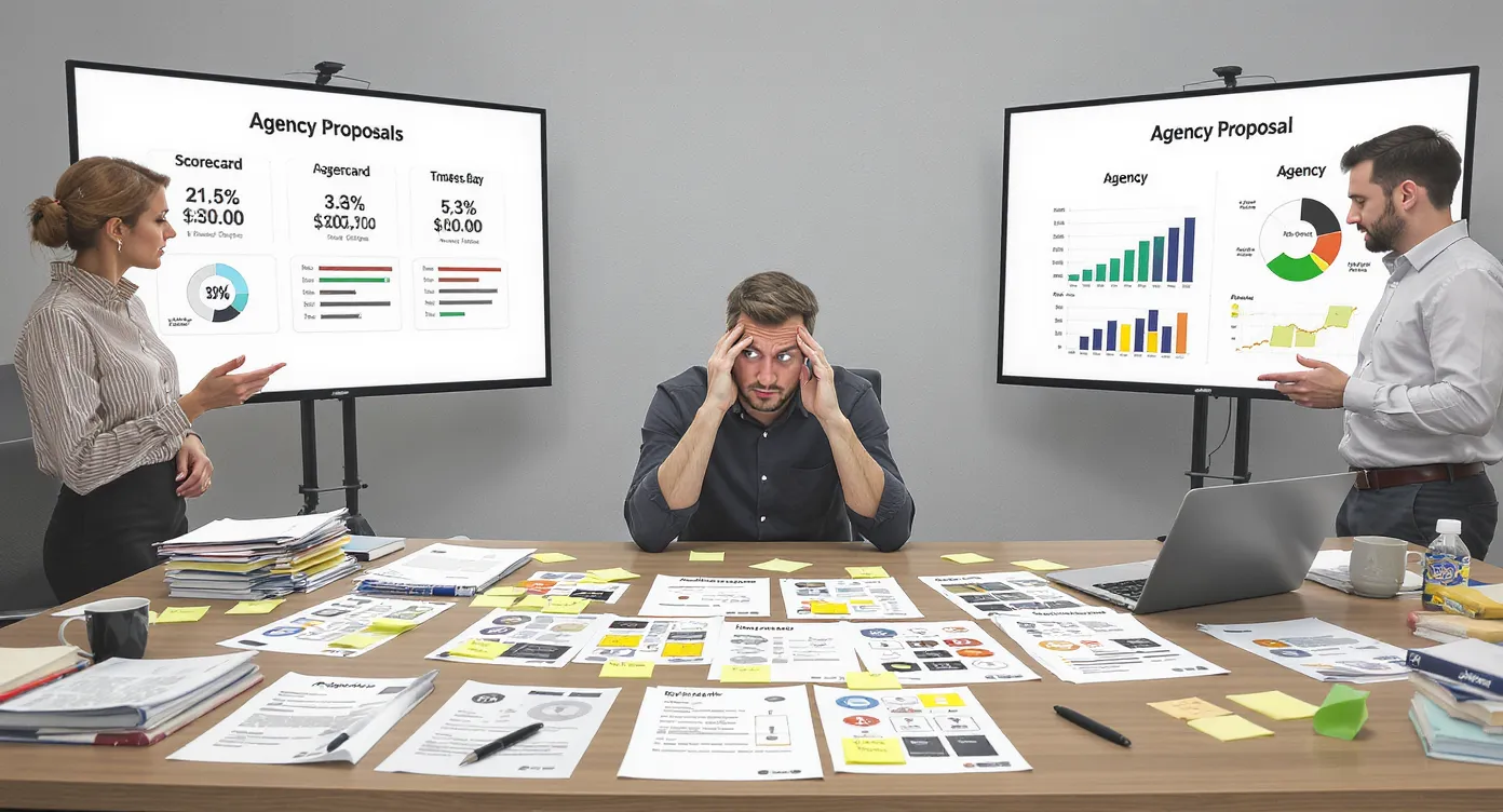 Illustration of a puzzled startup founder comparing agency proposals on a large desk covered with scorecards, timelines, and sticky notes, while two agency representatives stand on either side presenting their pitch decks.