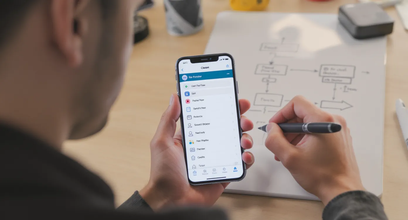 Clean UI of a mobile app prototype displayed on a smartphone held by a founder, while a designer nearby sketches user flow diagrams on a whiteboard in a modern startup workspace.