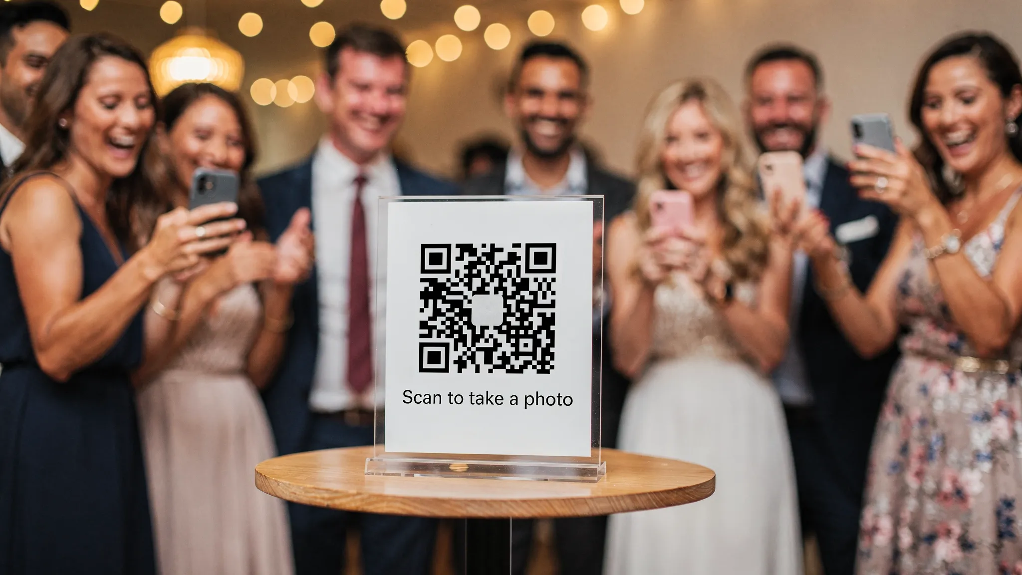 A candid event scene with a small table sign showing a QR code and the text “Scan to take a photo”, while guests nearby are laughing and taking pictures with their phones.