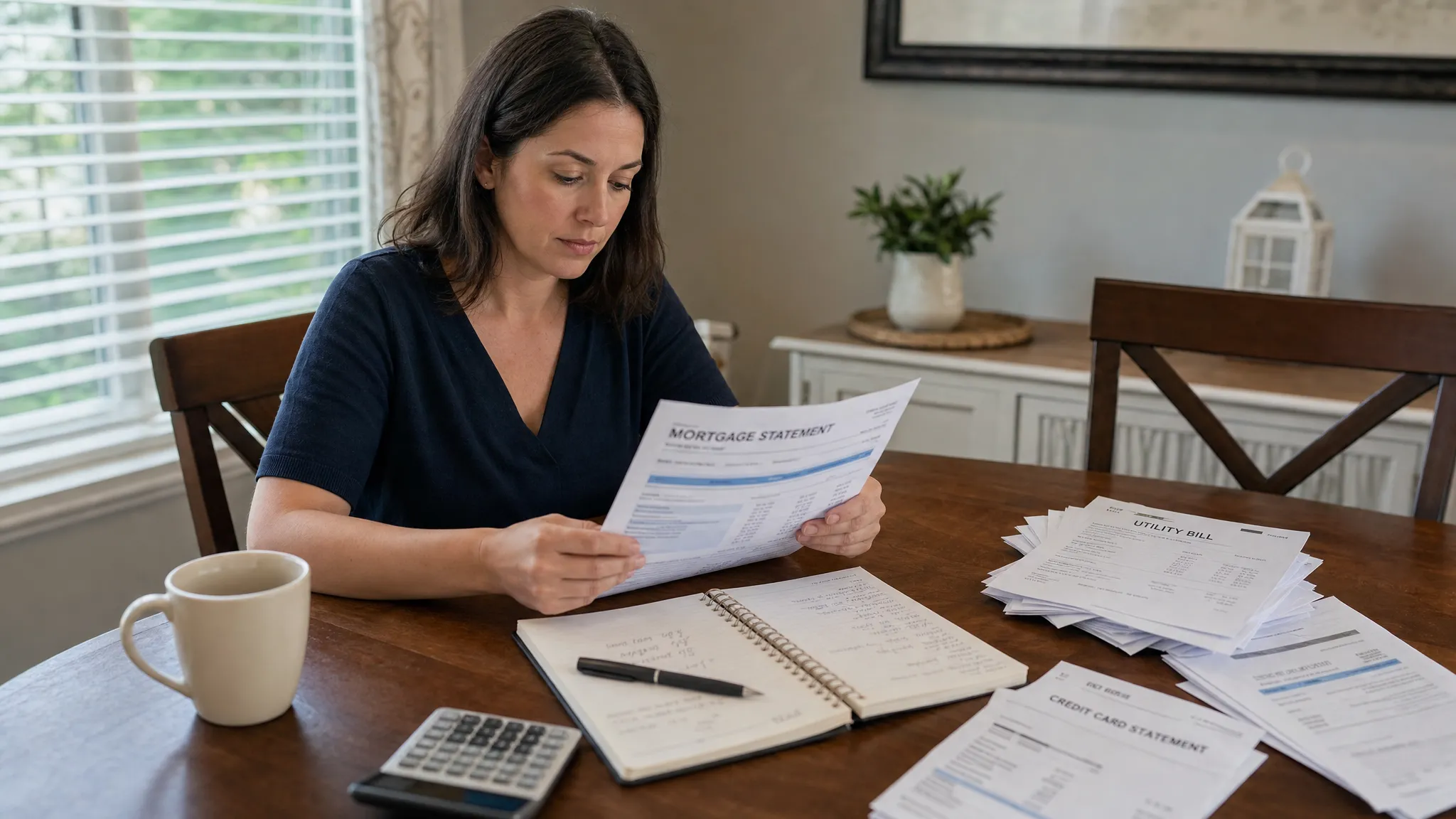 A dining table with organized bills, a mortgage statement, a notebook, and a pen, showing a homeowner calmly reviewing financial documents before seeking legal guidance.