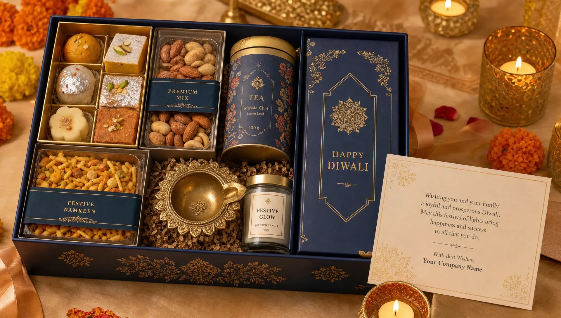 A premium corporate Diwali gift box with artisanal Indian sweets, gourmet snacks, a brass diya, festive candles, specialty tea and a personalised greeting card arranged in a close-up on a festive table.