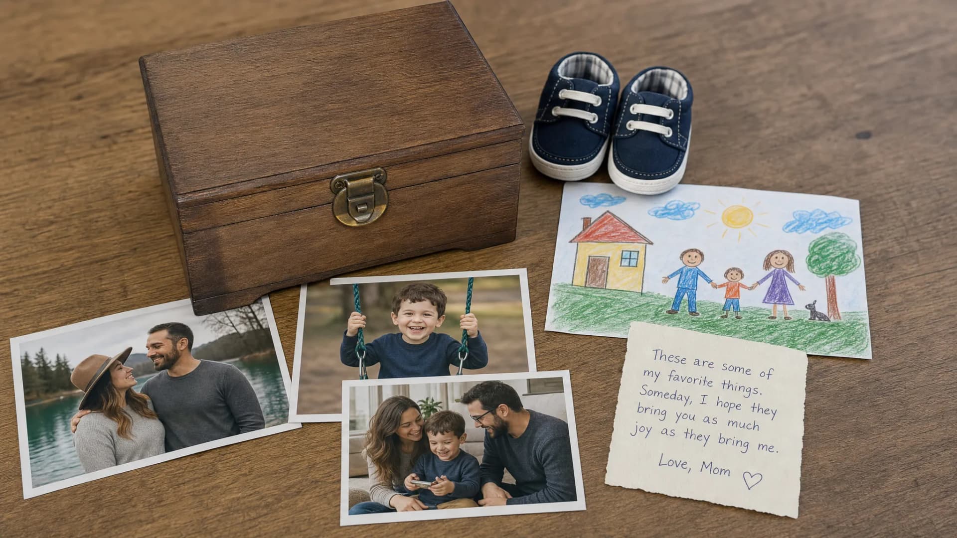 A small wooden memory box on a tabletop with a few printed family photos, a child's colorful drawing, a tiny pair of shoes, and a handwritten note arranged neatly beside it.