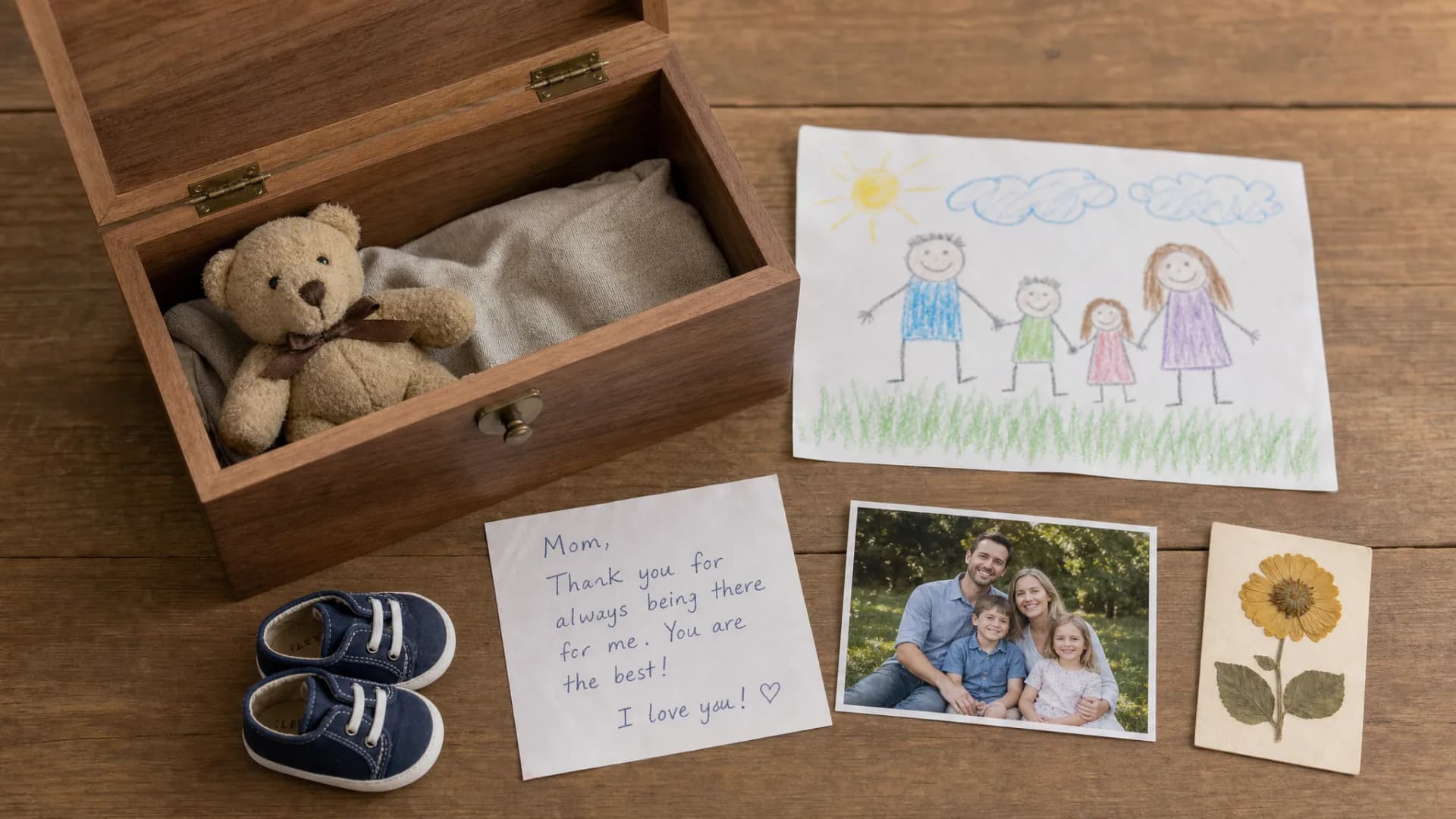 A small wooden memory box opened beside a child’s drawing, a handwritten note, a tiny pair of shoes, a family photo, and a pressed flower laid out neatly on a table.