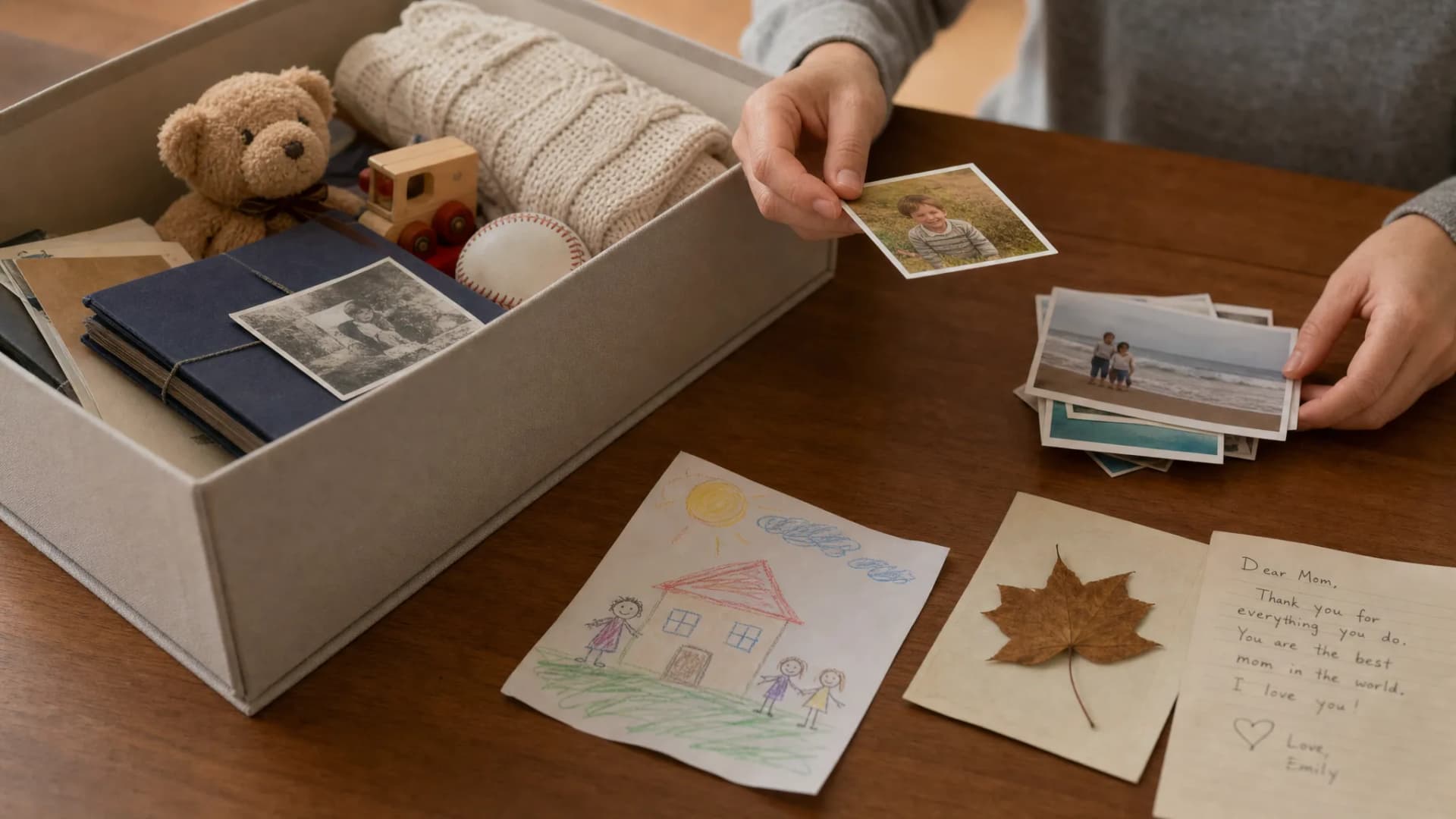 A shallow box of keepsakes on a wooden table beside a small stack of printed family photos, a child's crayon drawing, a pressed leaf, and a handwritten note, showing a quiet moment of choosing what to keep.